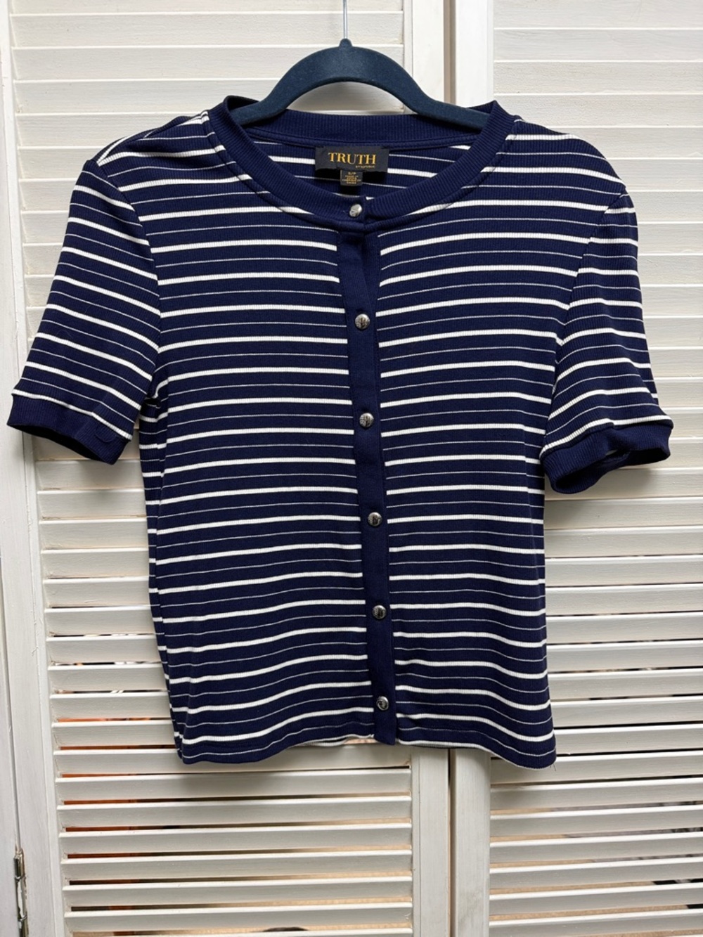 TRUTH by Republic Navy & White Striped Short-Sleeve Button Front Top